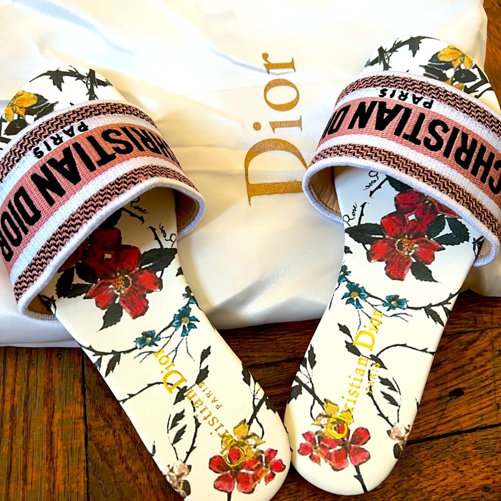 Brand New Dior slides. Beautiful rare pink & black. Size 7.  Dust bag included